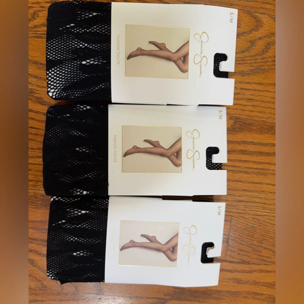 NWT 3 Pairs JESSICA SIMPSON Black Fish Net Style Fashion Tights S/M